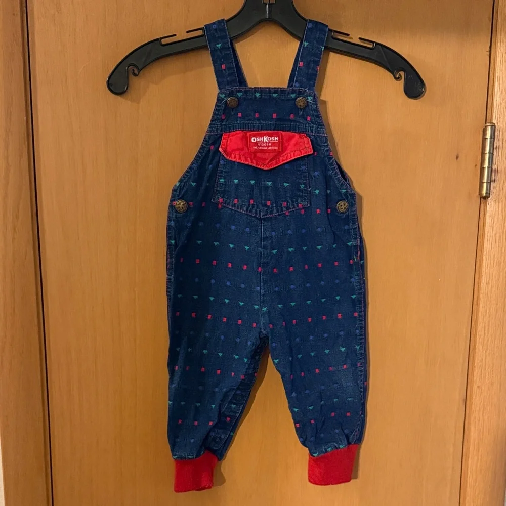 Oshkosh B’Gosh Baby Vintage Vestbak Embroidered Overalls Red Blue 18 Months